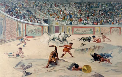 Gladiatoren die tegen dieren vechten in het circus van Pompeï